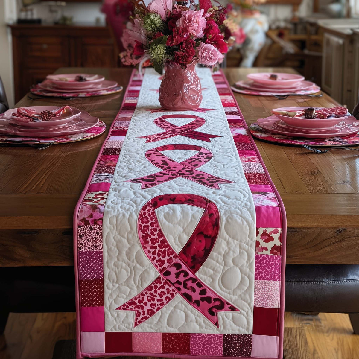 Leopard Print Pink Ribbon Table Runner