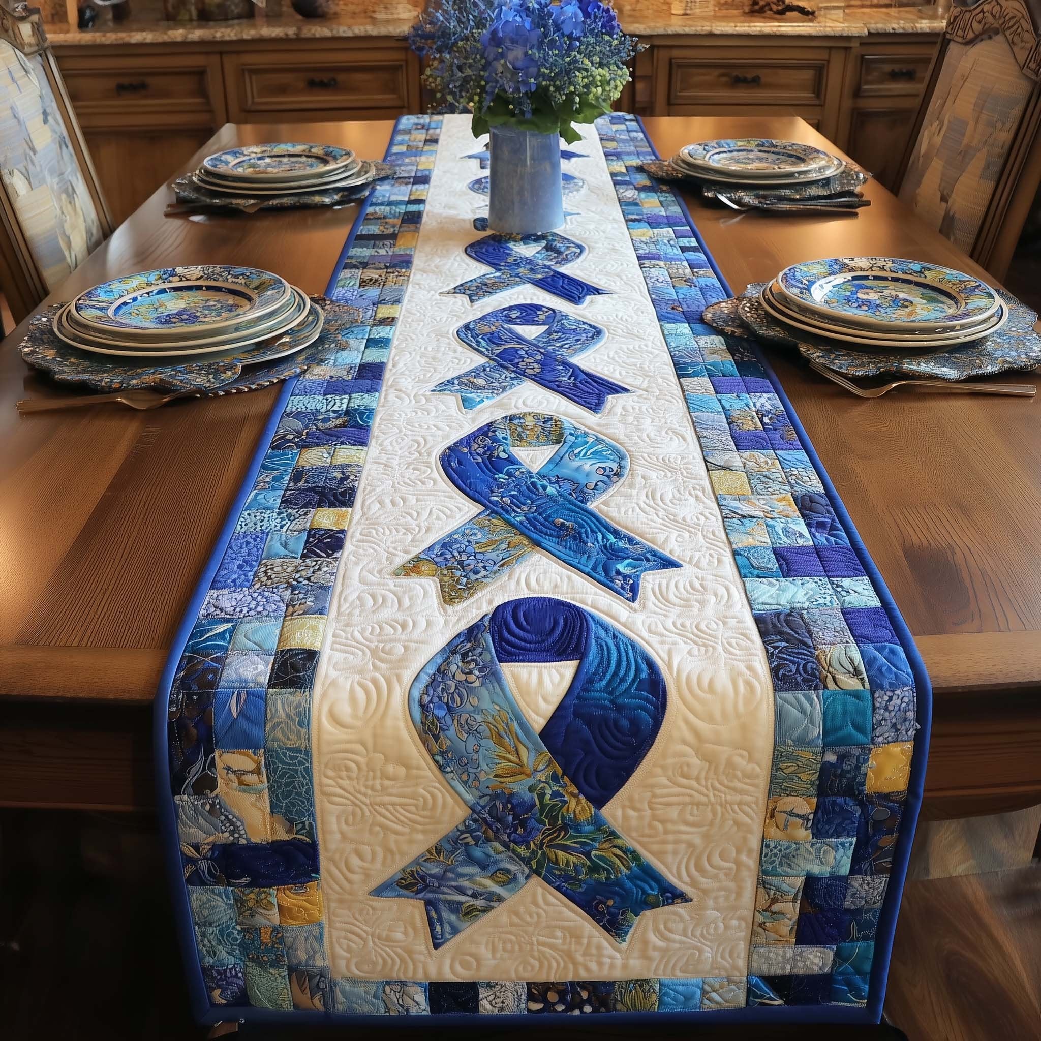 Large Blue Ribbon on Blue Table Runner