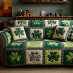 Shamrocks on Green and Cream Squares Sofa Cover