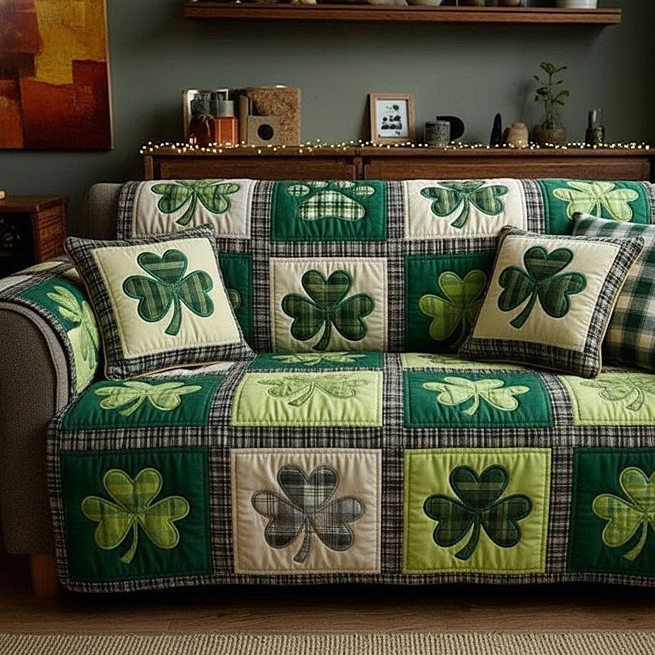 Shamrocks on Green and Cream Squares Sofa Cover