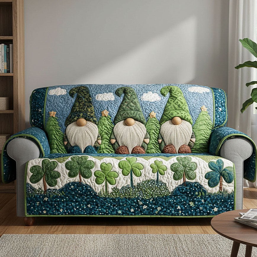 Green Hat Gnomes with Shamrocks Sofa Cover