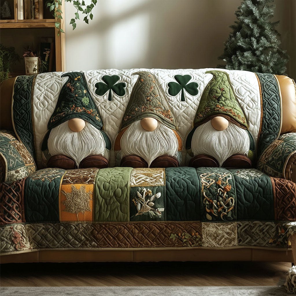 Gnomes in Green Hats on Olive Quilt Sofa Cover