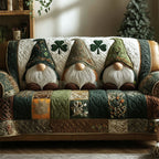 Gnomes in Green Hats on Olive Quilt Sofa Cover