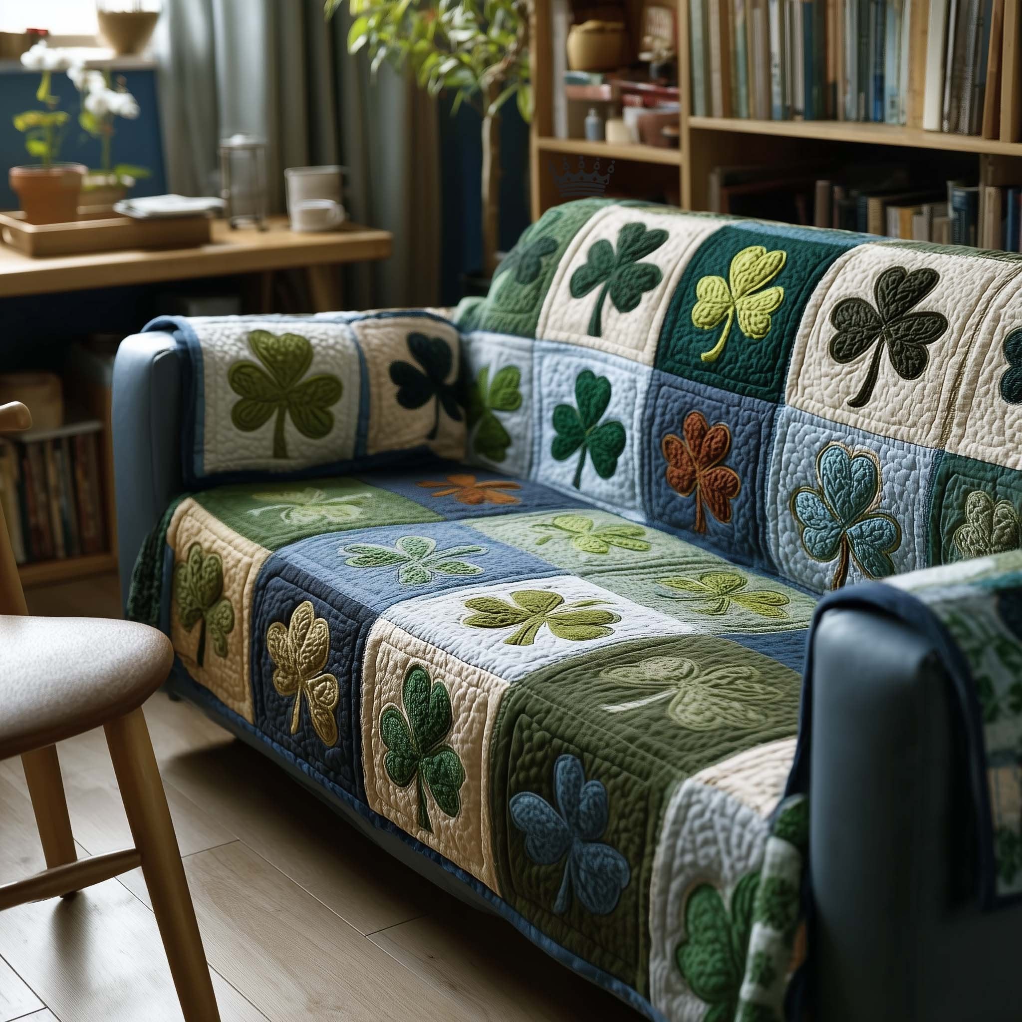 Shamrocks on Blue and Sage Squares Sofa Cover