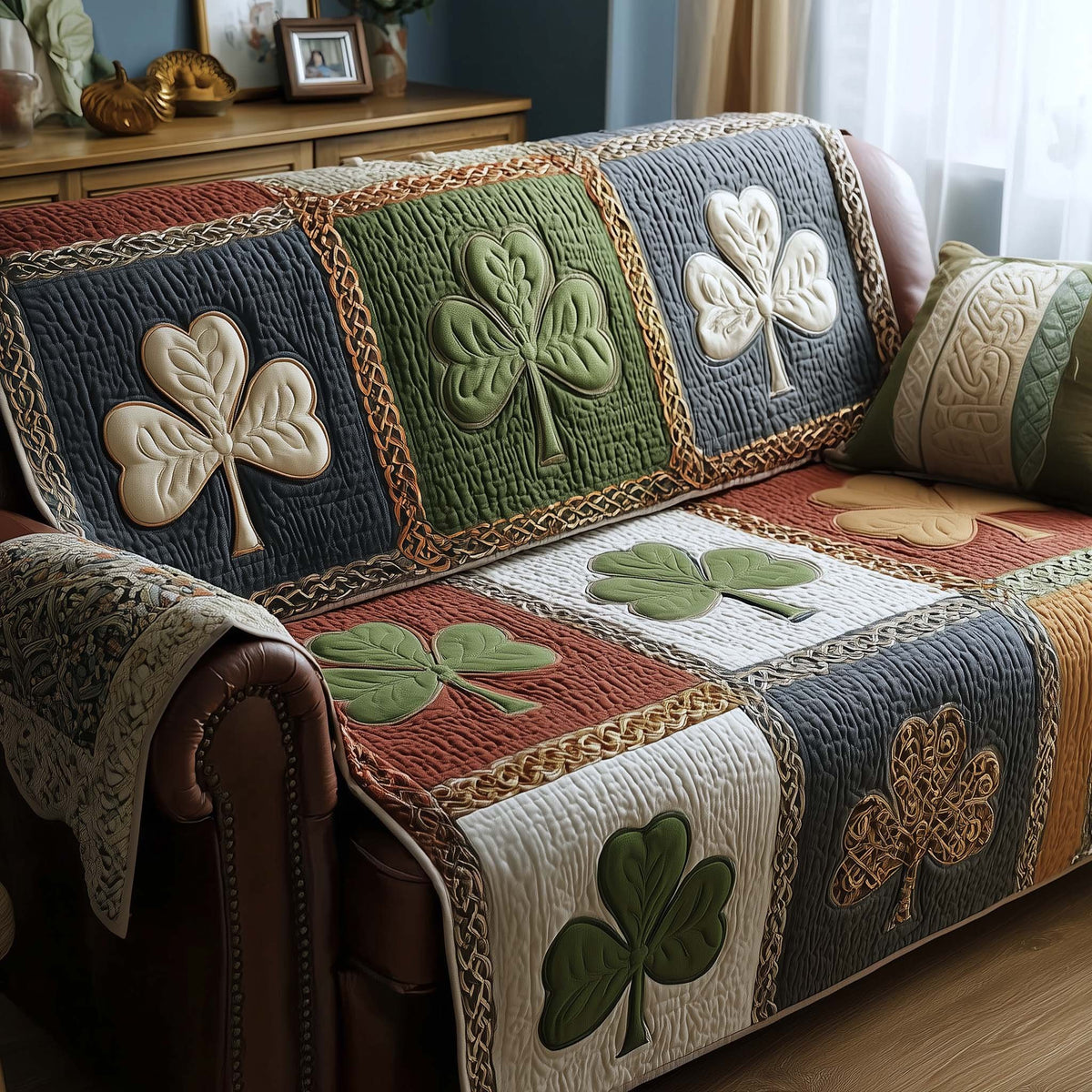 Shamrocks on Cream and Red Patches Sofa Cover