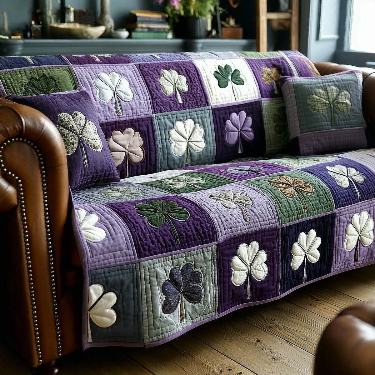 Shamrocks on Purple and Cream Squares Sofa Cover