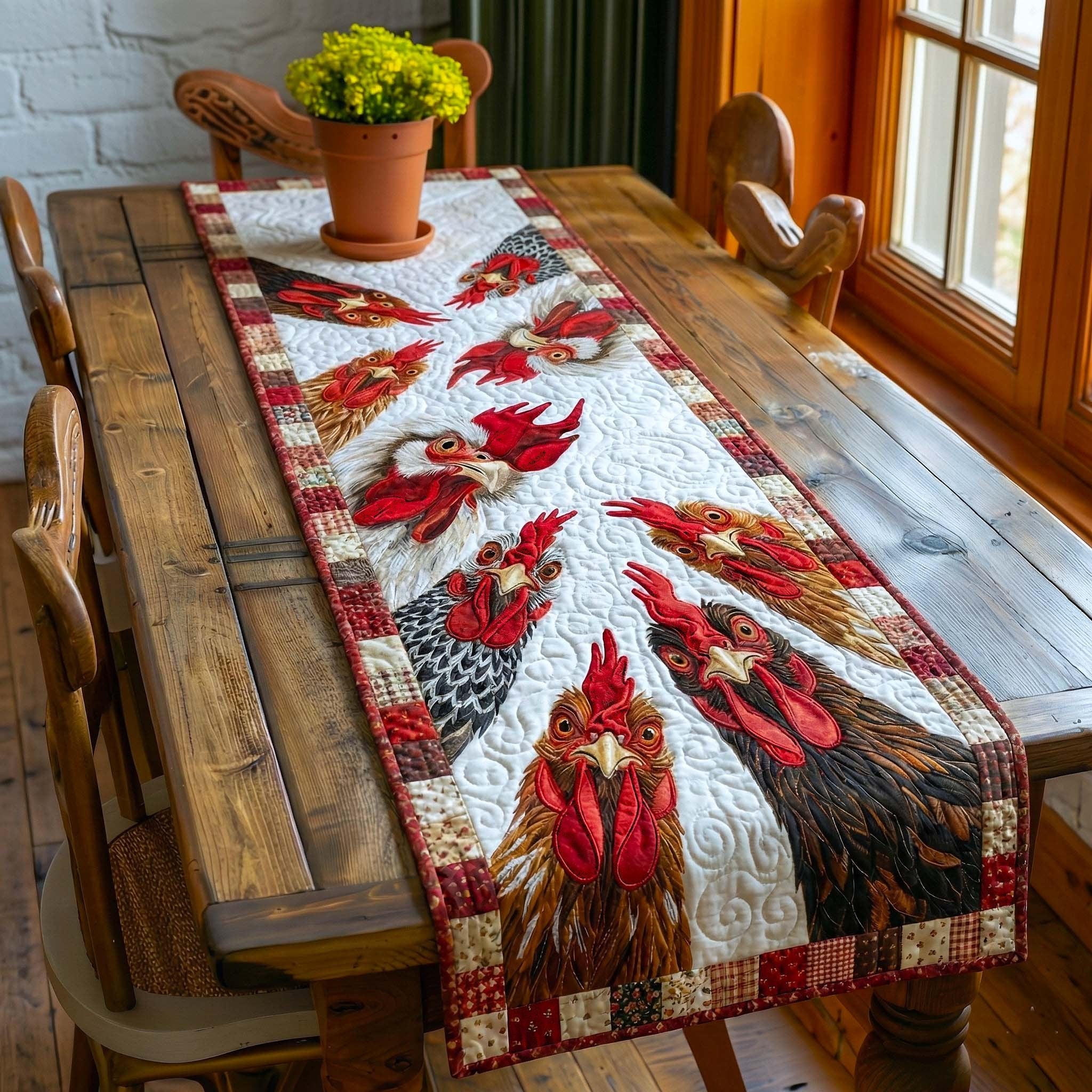 Roosters on Cream with Patchwork Border Table Runner