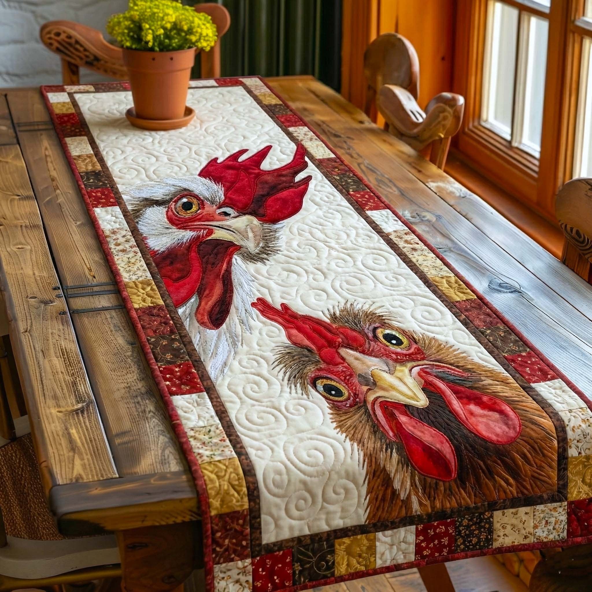 Rooster Close Up on Cream Table Runner