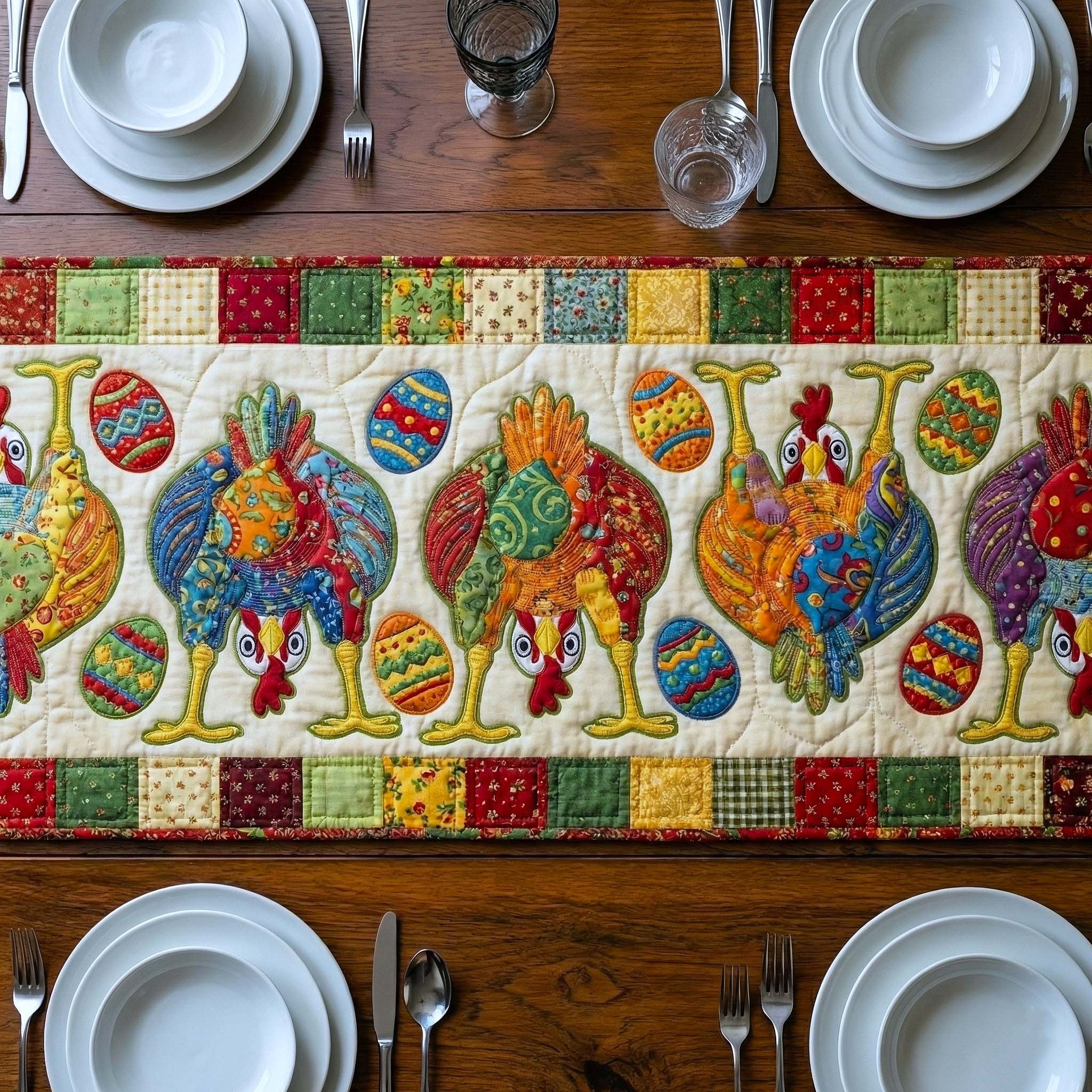 Roosters and Easter Eggs on Blocks Table Runner
