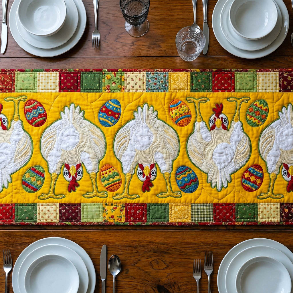 White Hens with Eggs on Yellow Table Runner