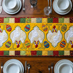 White Hens with Eggs on Yellow Table Runner