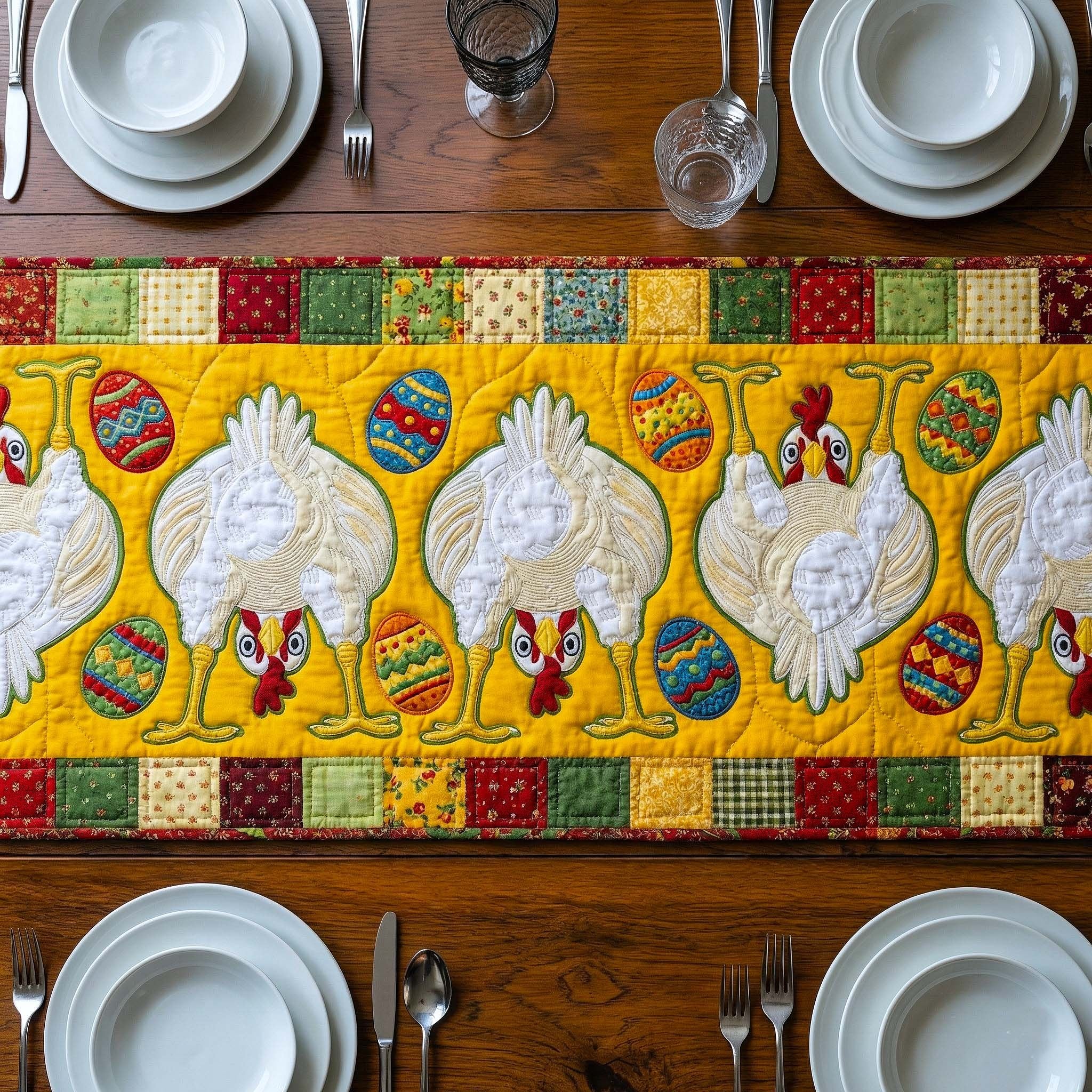 White Hens with Eggs on Yellow Table Runner