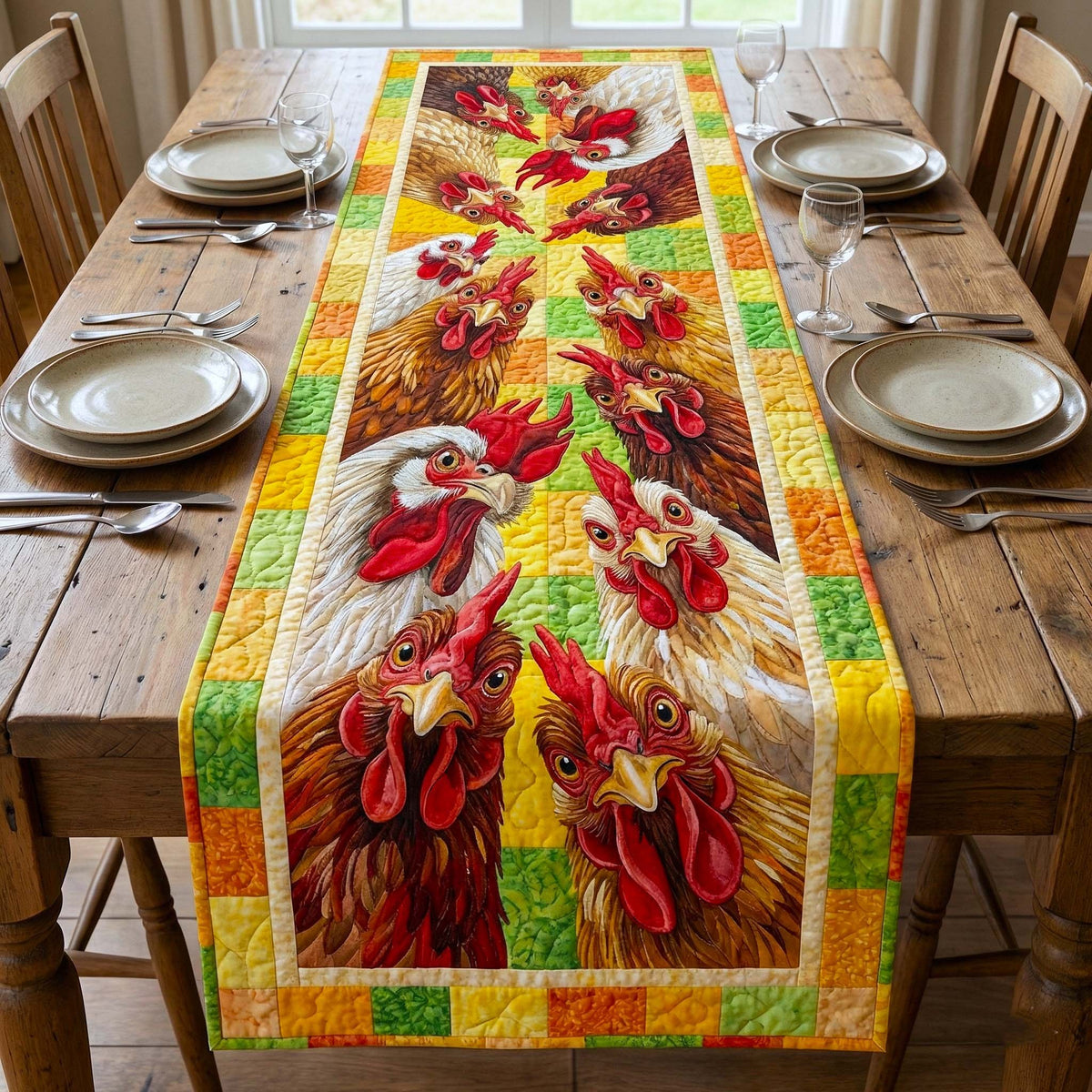 Roosters on Green and Yellow Blocks Table Runner