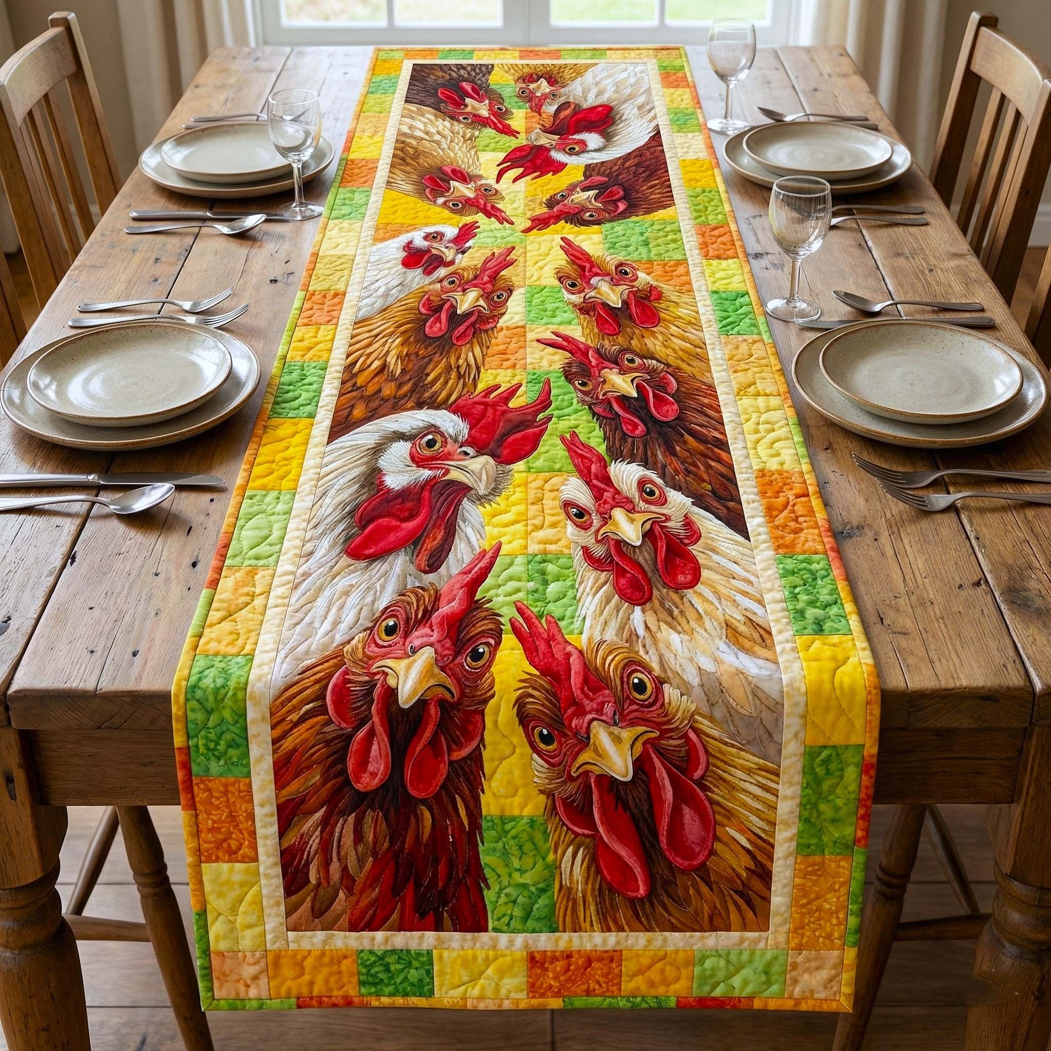Roosters on Green and Yellow Blocks Table Runner