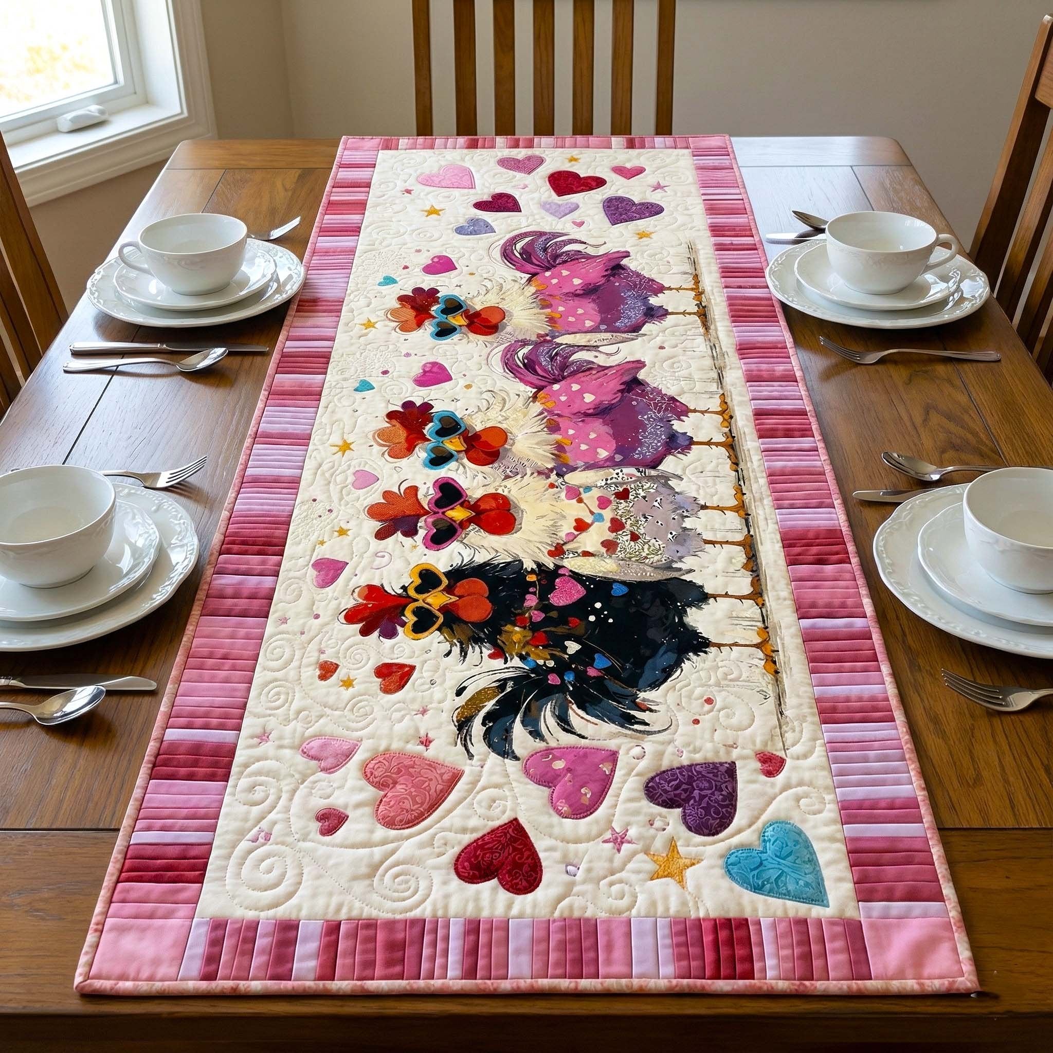 Rooster of Hearts on Pink Table Runner