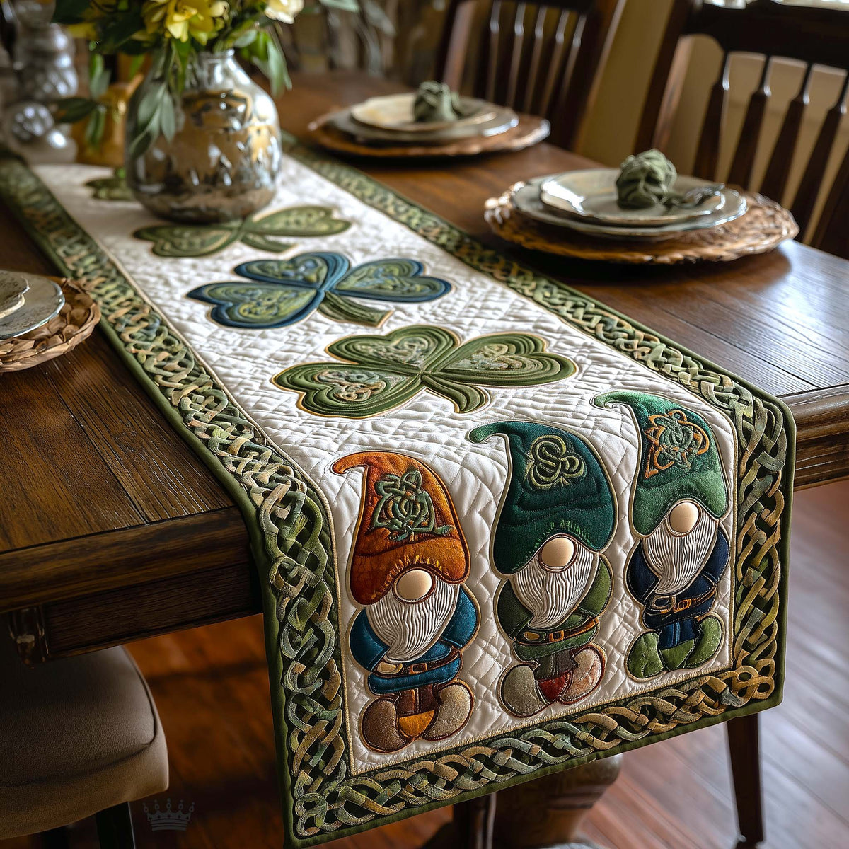 Gnomes with Shamrocks and Celtic Trim Table Runner