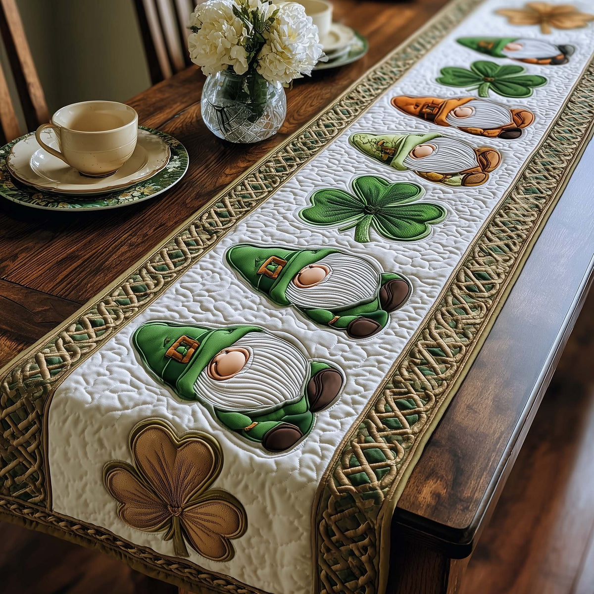 Gnomes in Green Hats with Shamrock Table Runner