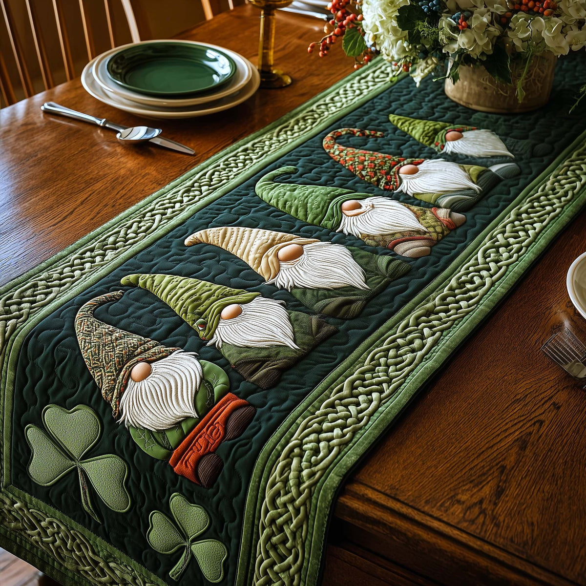 Gnome Row with Green Clovers Table Runner