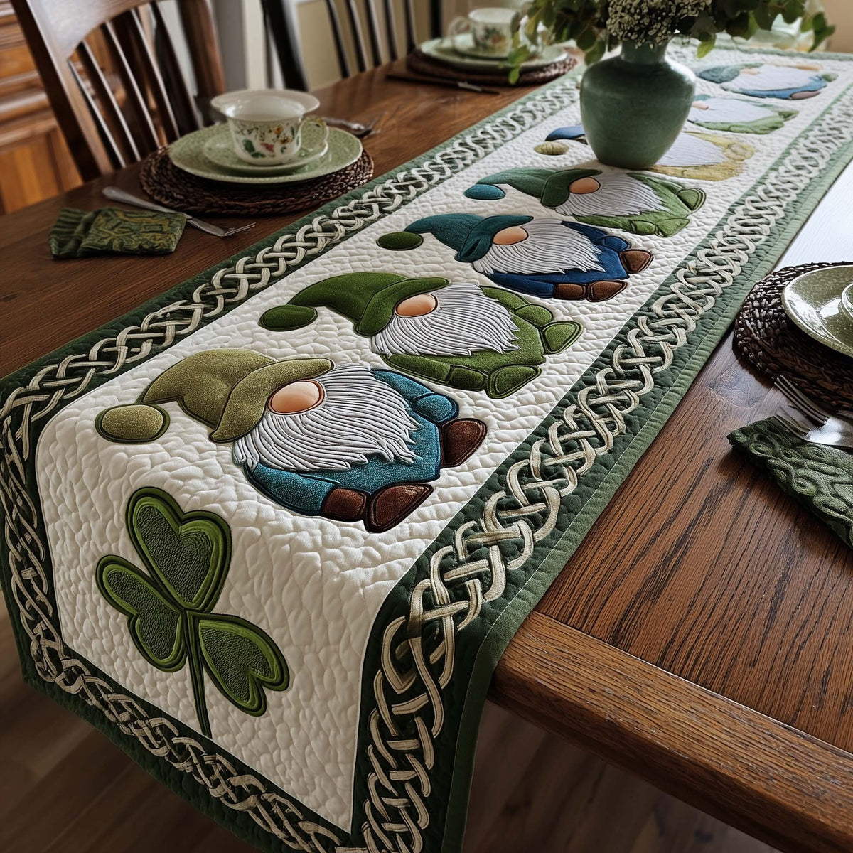 Gnomes and Shamrocks on Cream Table Runner