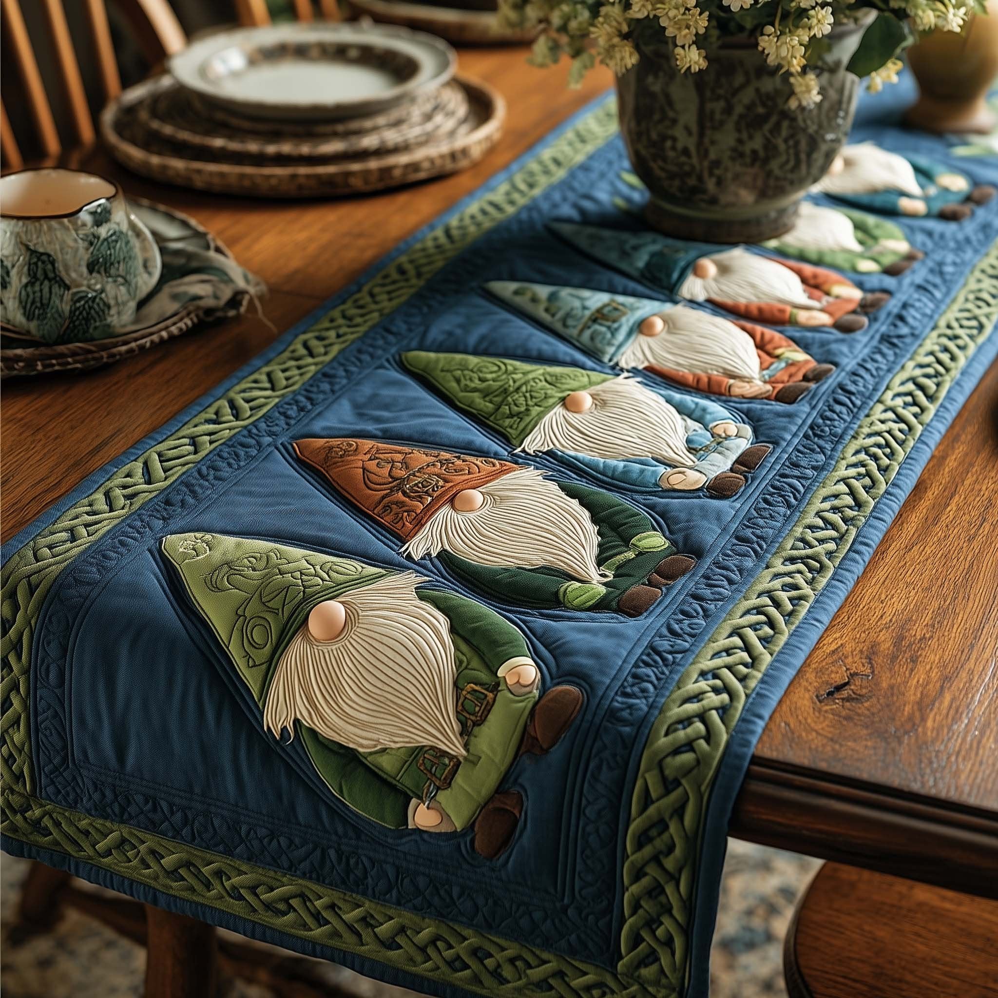 Gnomes on Blue Celtic Panel Table Runner