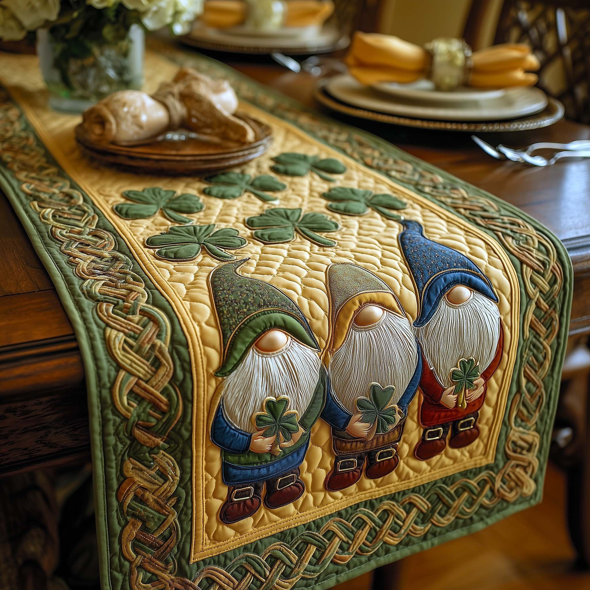 Gnomes in Blue and Red with Shamrocks Table Runner