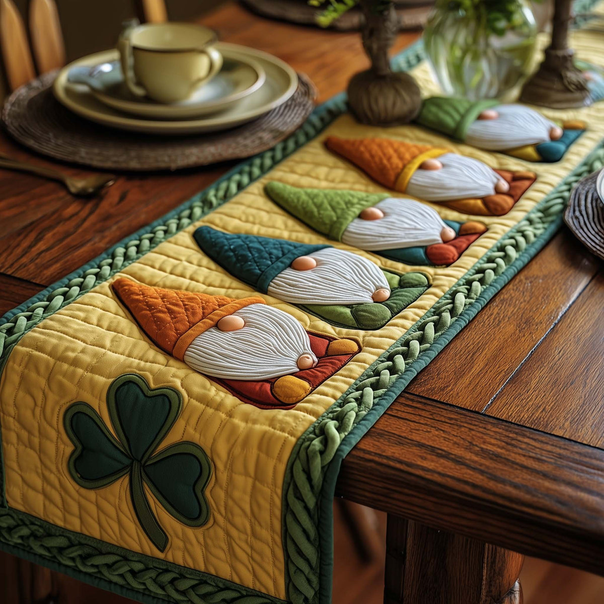 Gnomes on Golden Shamrock Panel Table Runner