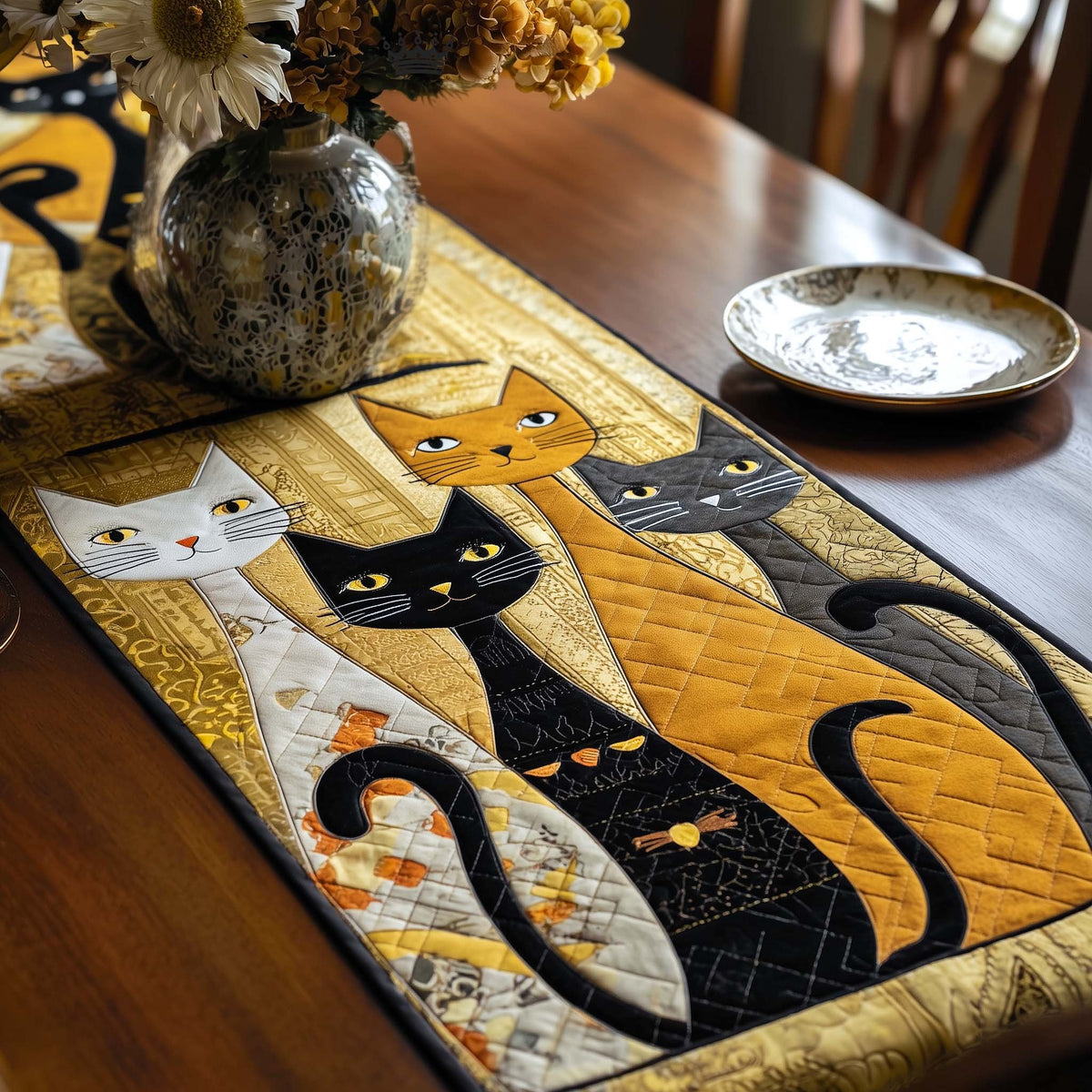 Black and Yellow Cats on Cream Table Runner