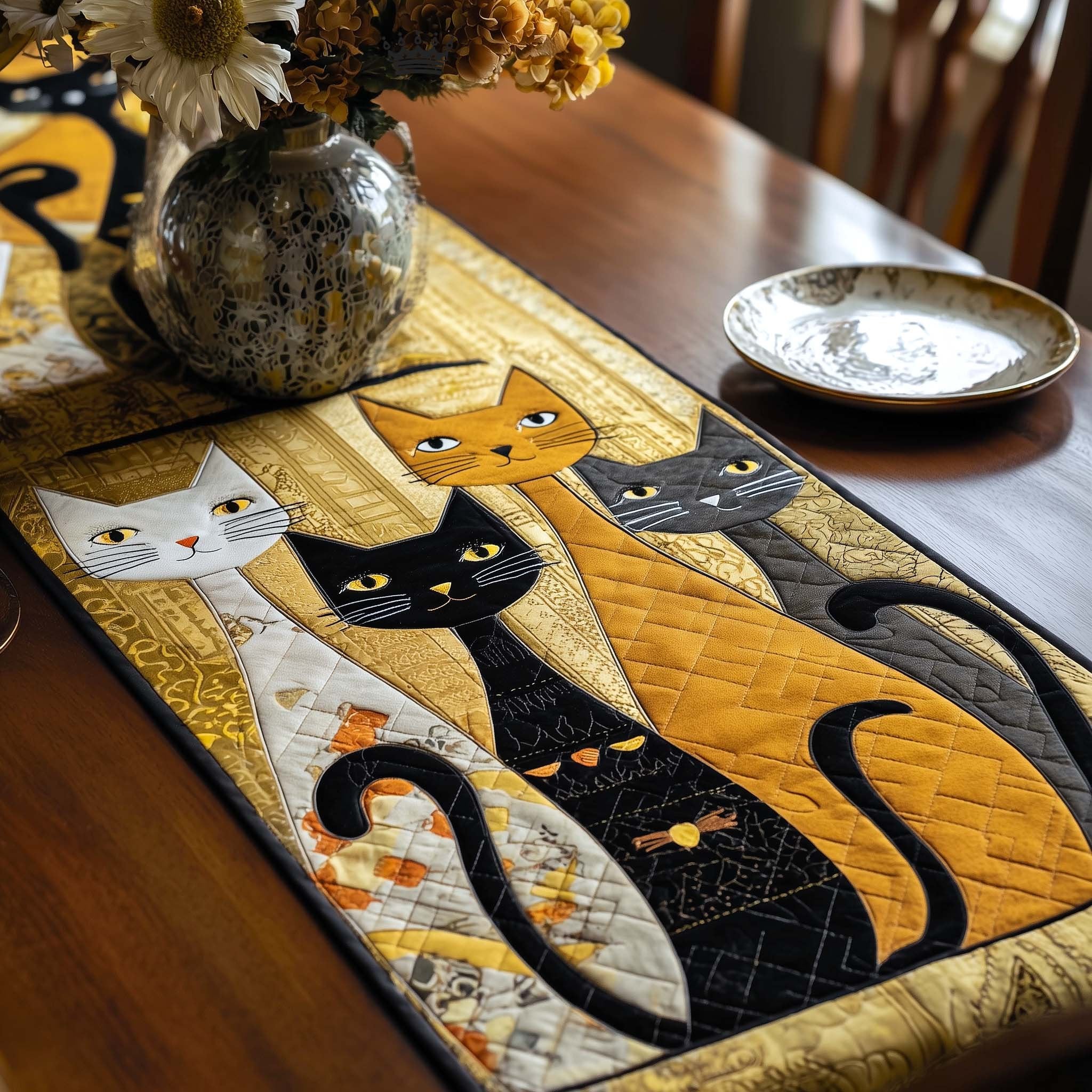 Black and Yellow Cats on Cream Table Runner