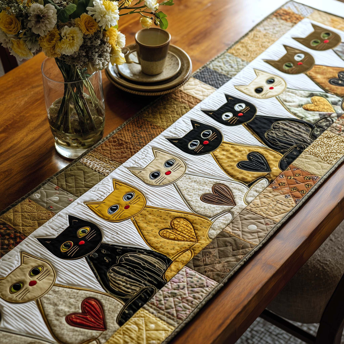 Cat Blocks in Black and Gold Table Runner