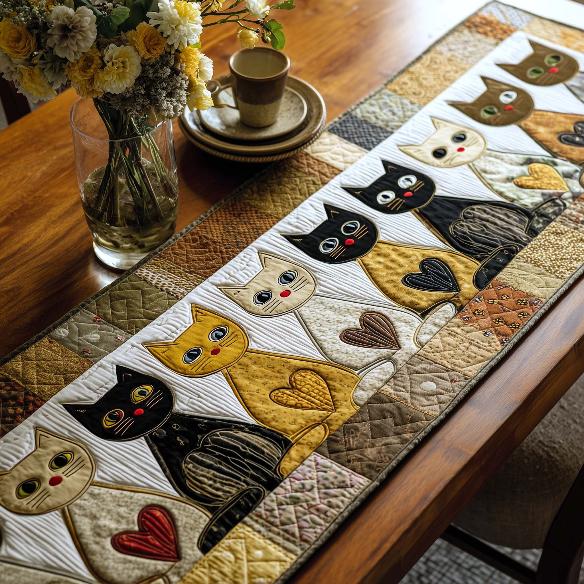 Cat Blocks in Black and Gold Table Runner