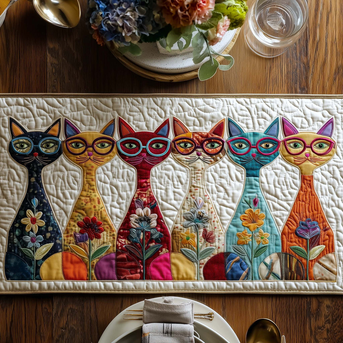 Folk Art Cats in Eyeglasses Table Runner