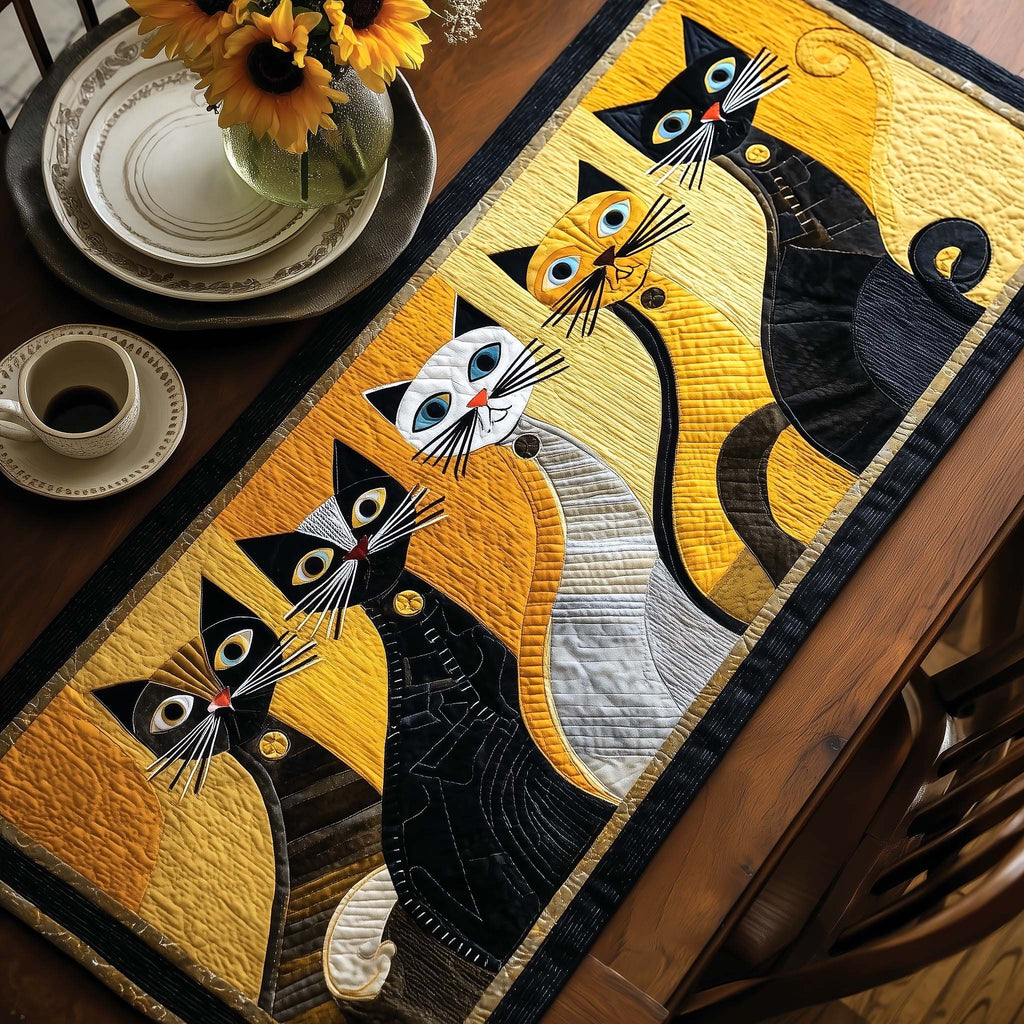 Whiskered Cats in Black and Yellow Table Runner
