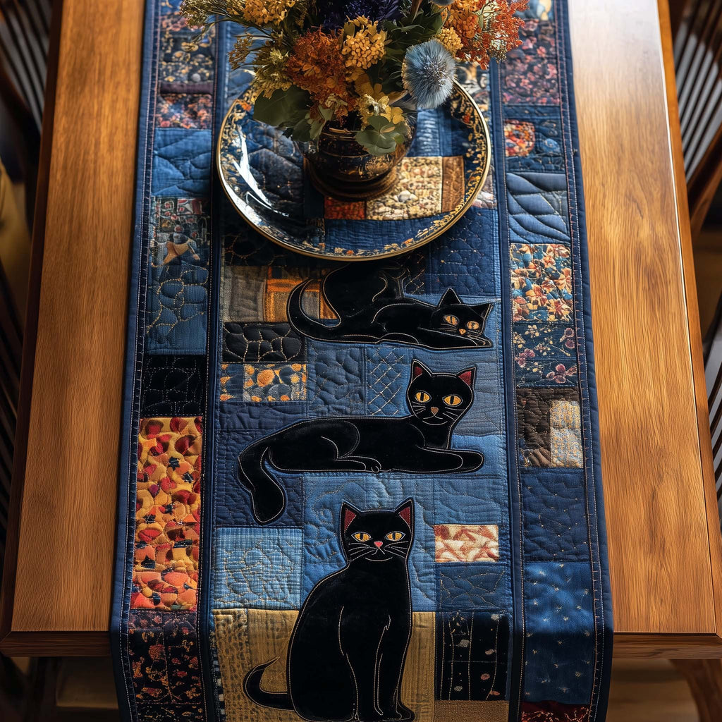 Black Cats on Blue Patchwork Table Runner