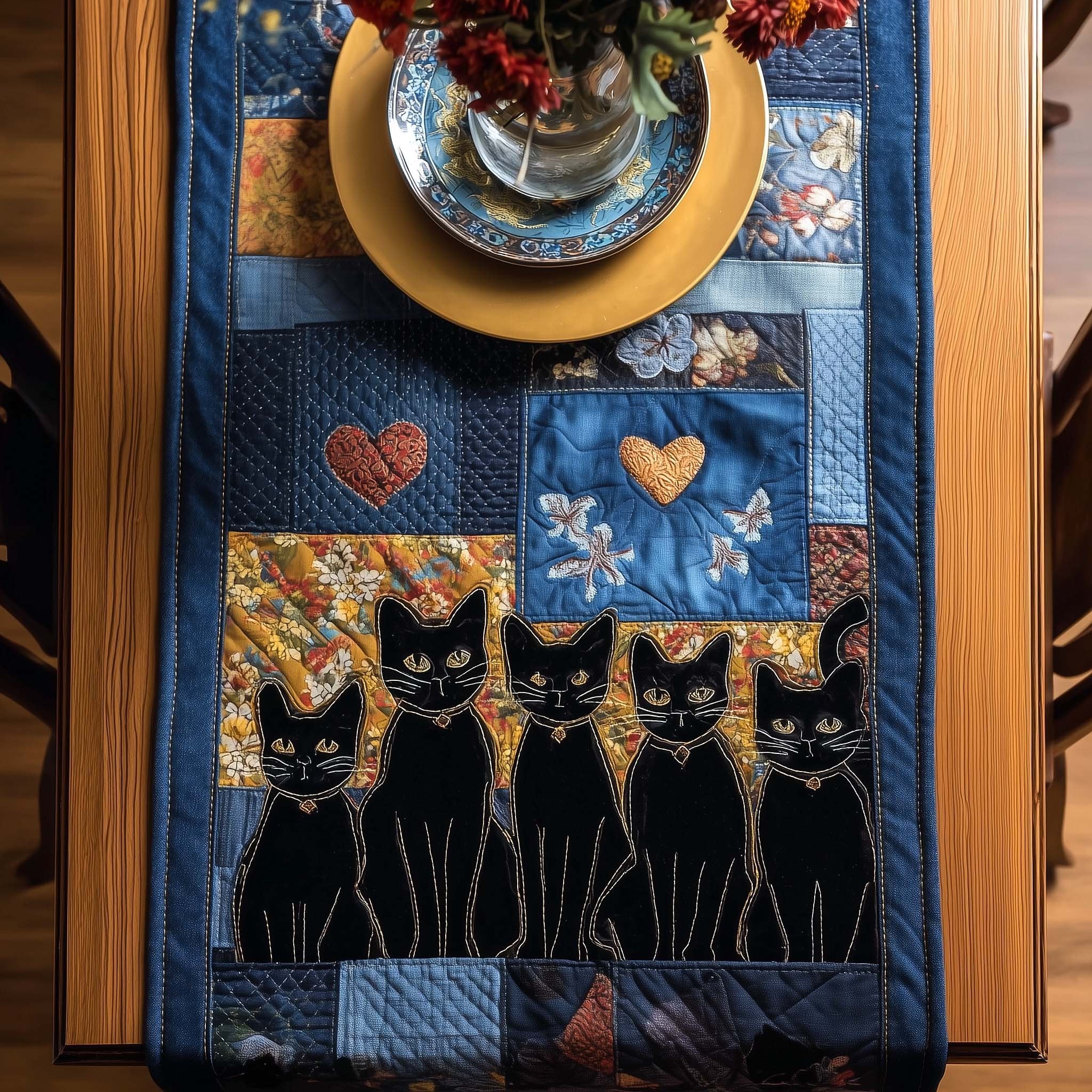 Row of Black Cats with Hearts Table Runner