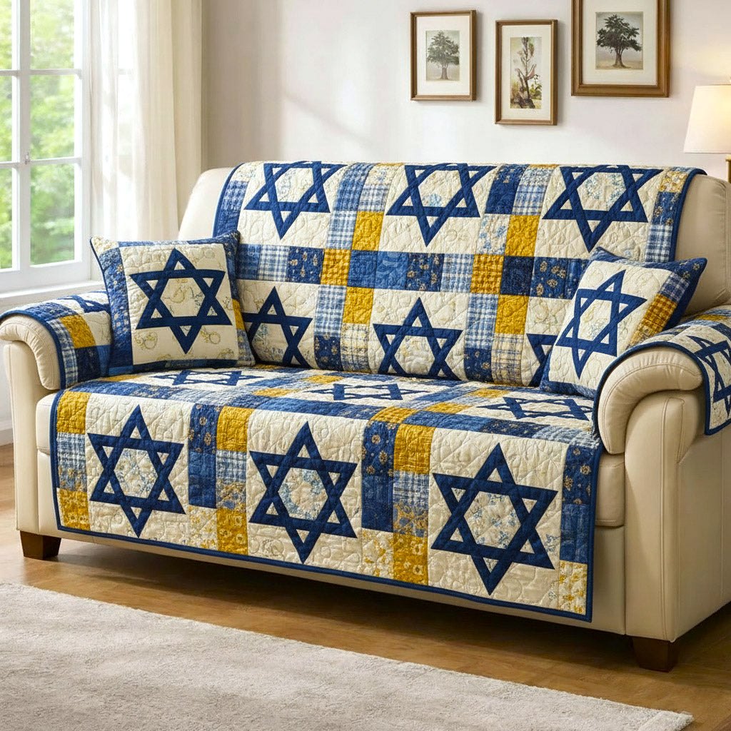 Blue Stars of David with Gold Bands Sofa Cover