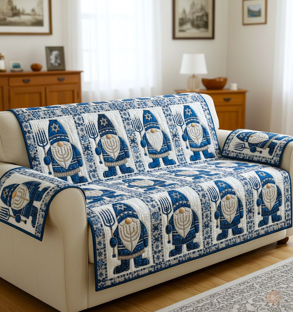 Blue Gnomes and Menorah Pattern Sofa Cover