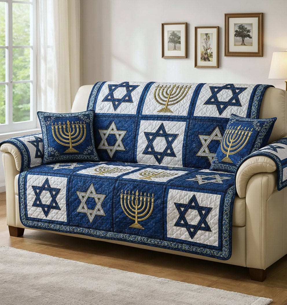 Menorahs and Stars on Navy Patches Sofa Cover