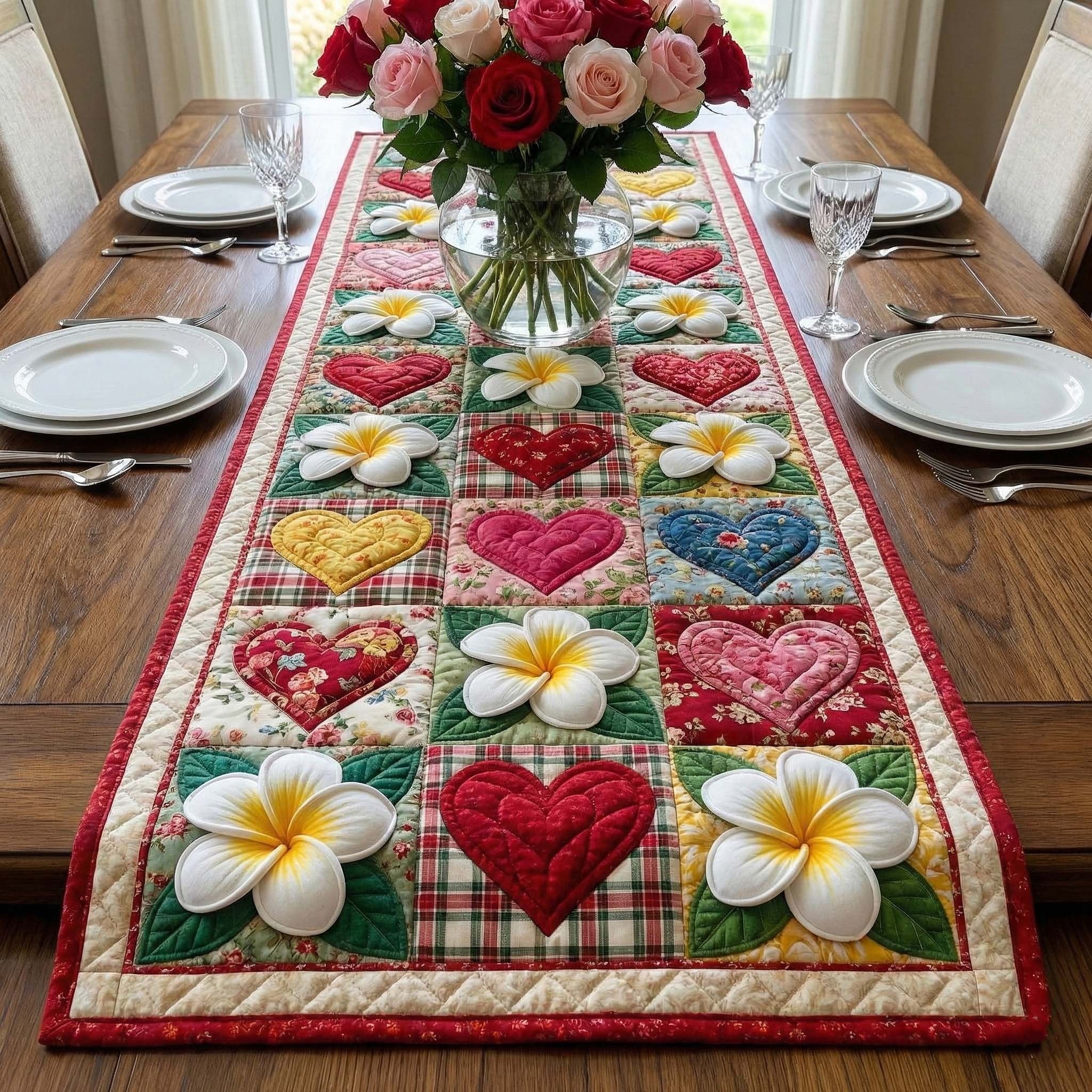 Hearts and Plumeria in Quilt Blocks Table Runner