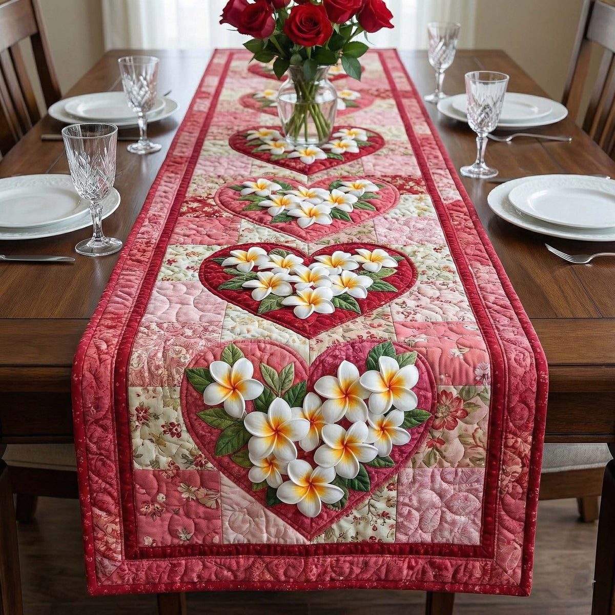 Plumeria Heart on Pink Table Runner