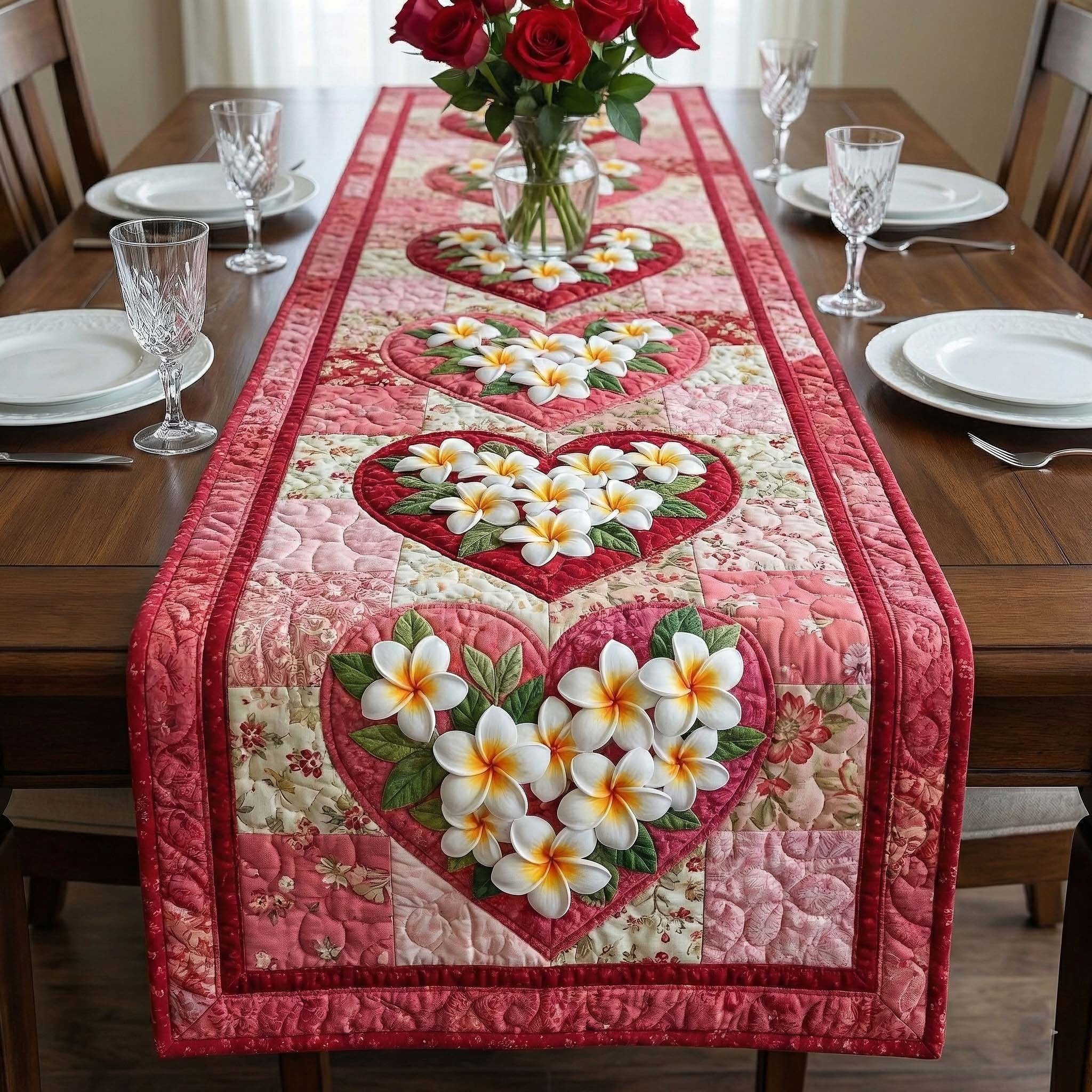 Plumeria Heart on Pink Table Runner