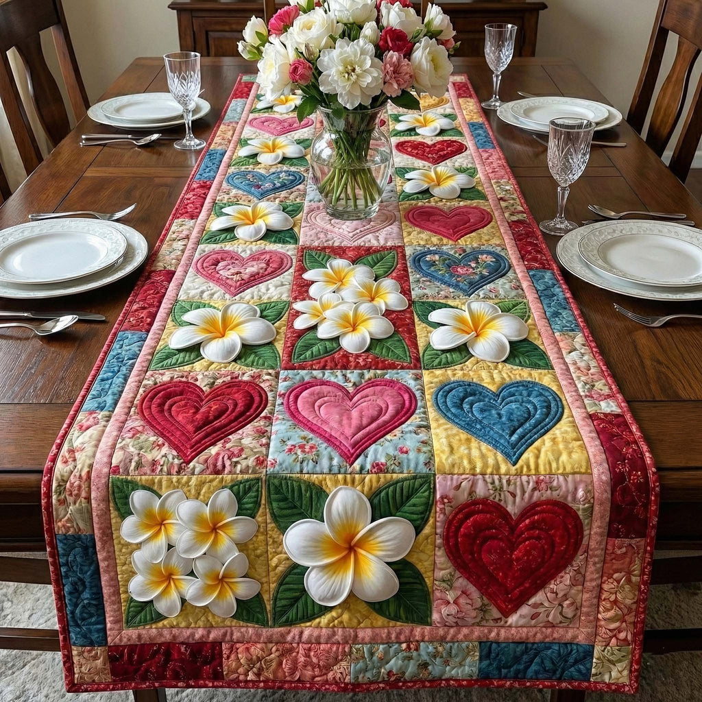 Plumeria Hearts on Colorful Patchwork Table Runner