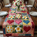 Plumeria Hearts on Colorful Patchwork Table Runner