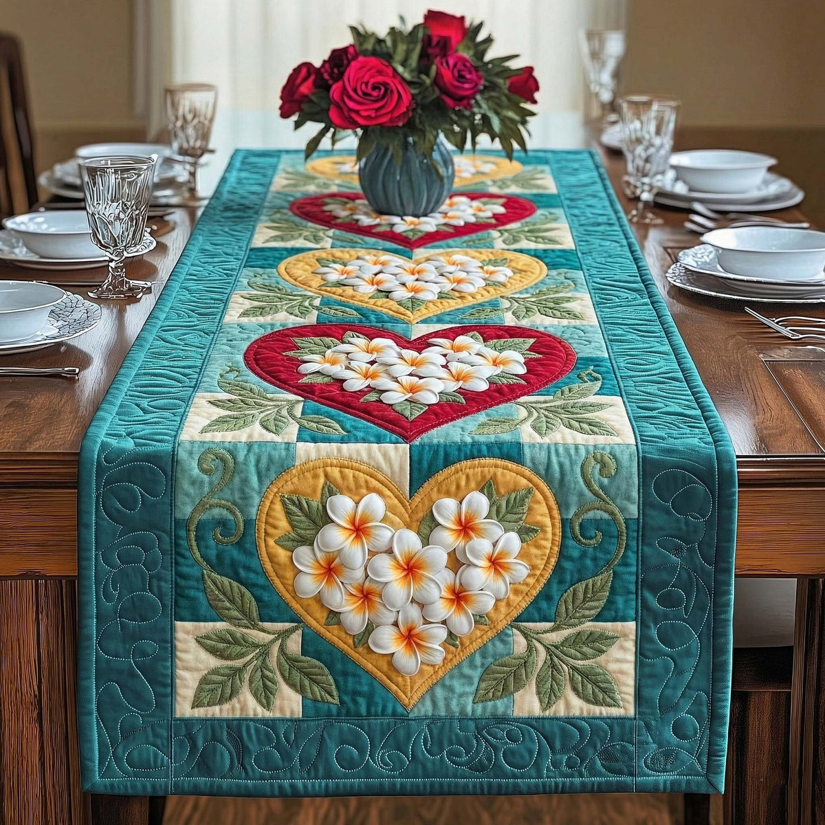 Plumeria Heart on Teal Table Runner