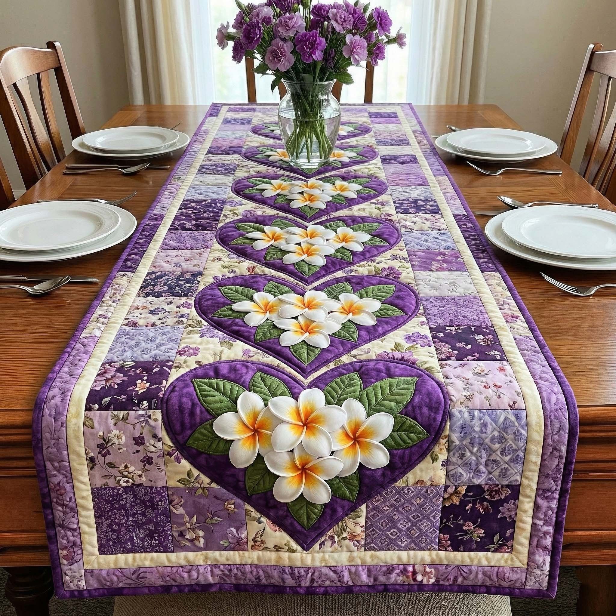 Plumeria Heart on Purple Patchwork Table Runner