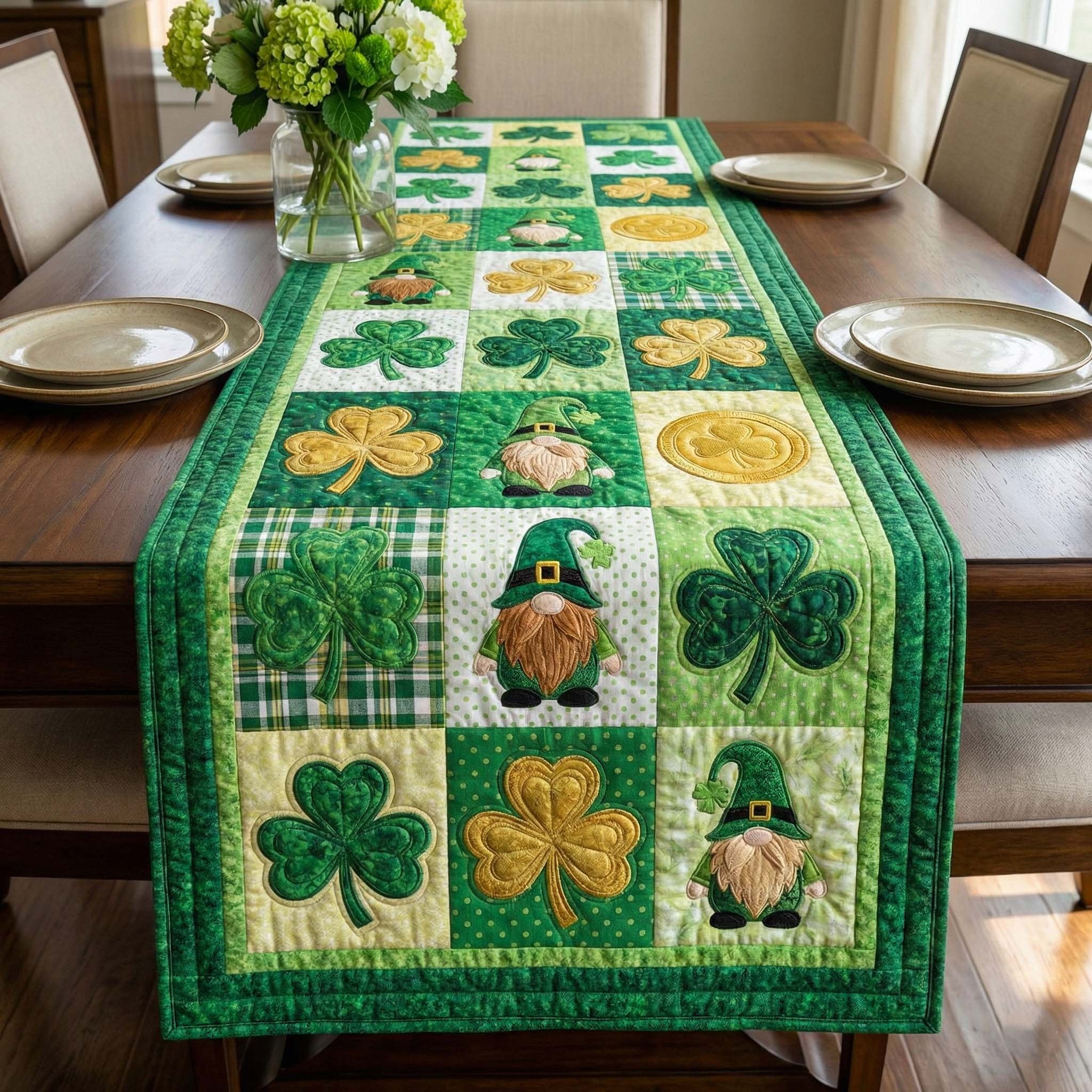 Green Gnomes and Golden Shamrocks Table Runner