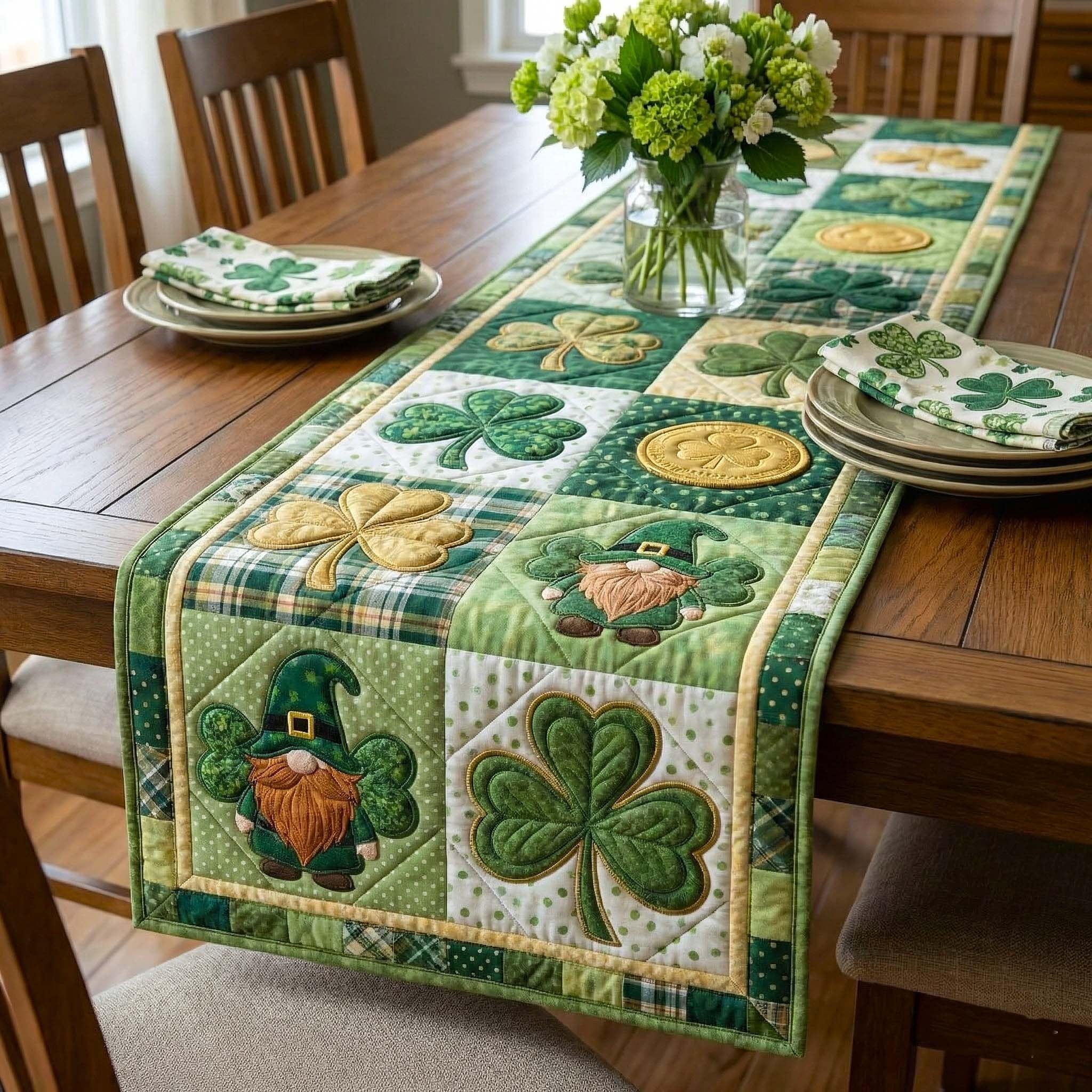 Leprechaun Hats and Clovers on Green Table Runner