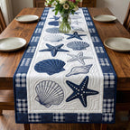 Navy Shells on White and Plaid Table Runner