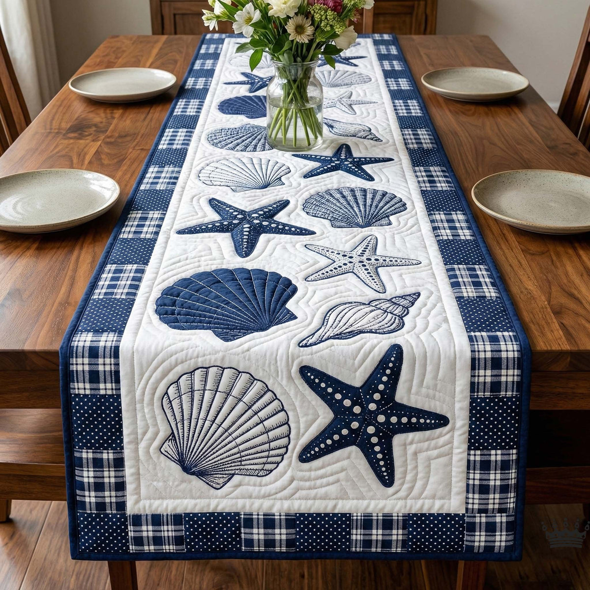 Navy Shells on White and Plaid Table Runner