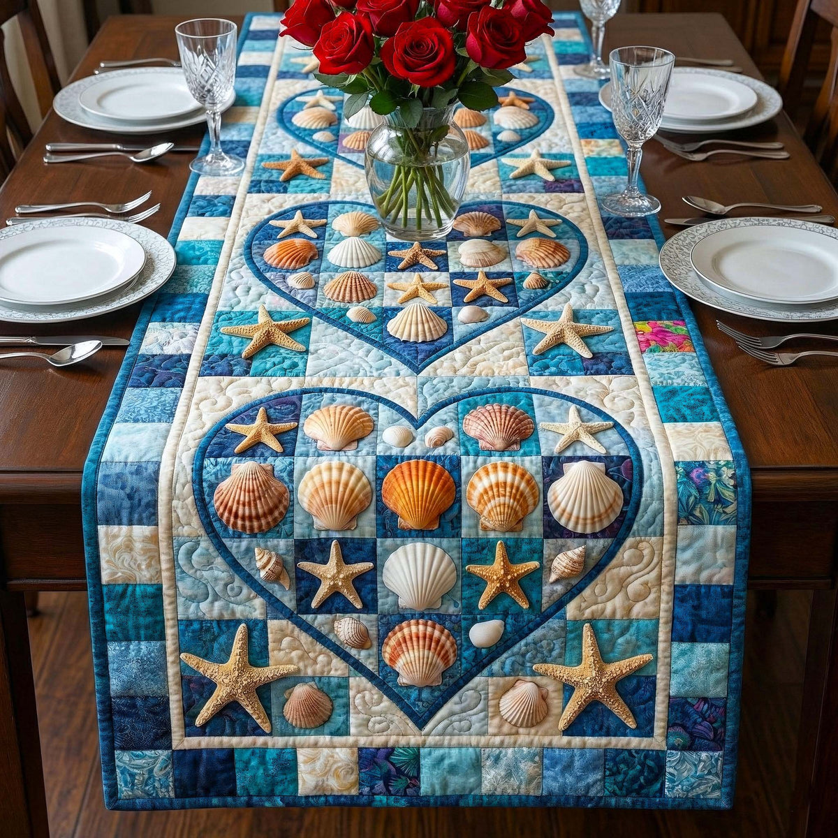 Shell Heart with Starfish on Blue Table Runner