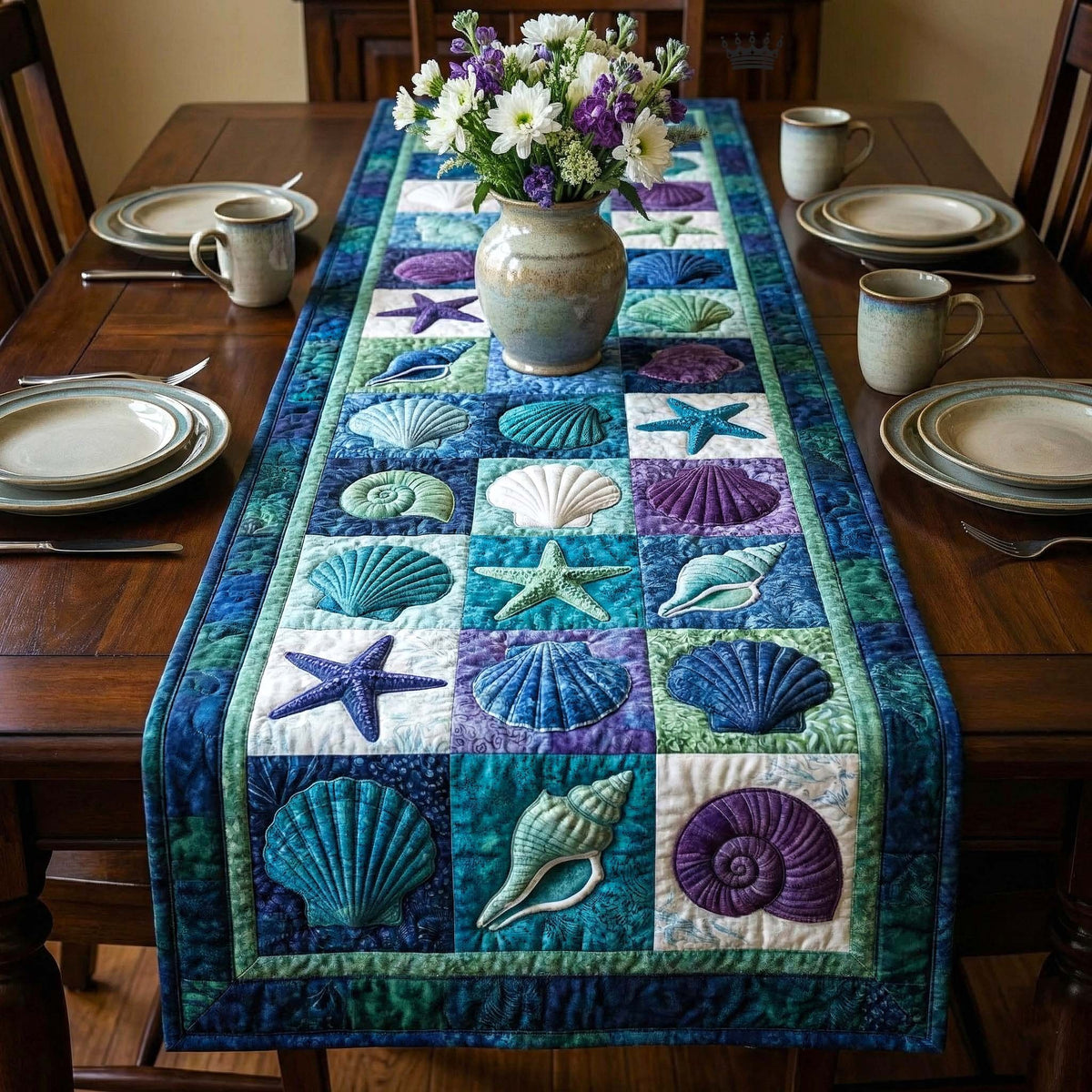 Shell Blocks in Green and Blue Table Runner